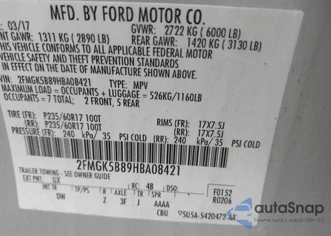 2017 Ford Flex Se z USA, uszkodzony, nr VIN 2FMGK5B89HBA08421